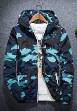 【ウィンドブレーカー フード付き】迷彩/ブルー